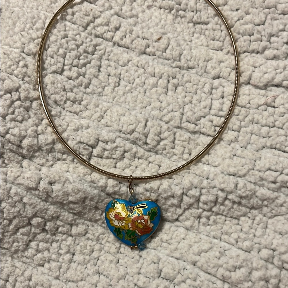 Cloisonné Heart Pendant Necklace with Gold Detailing